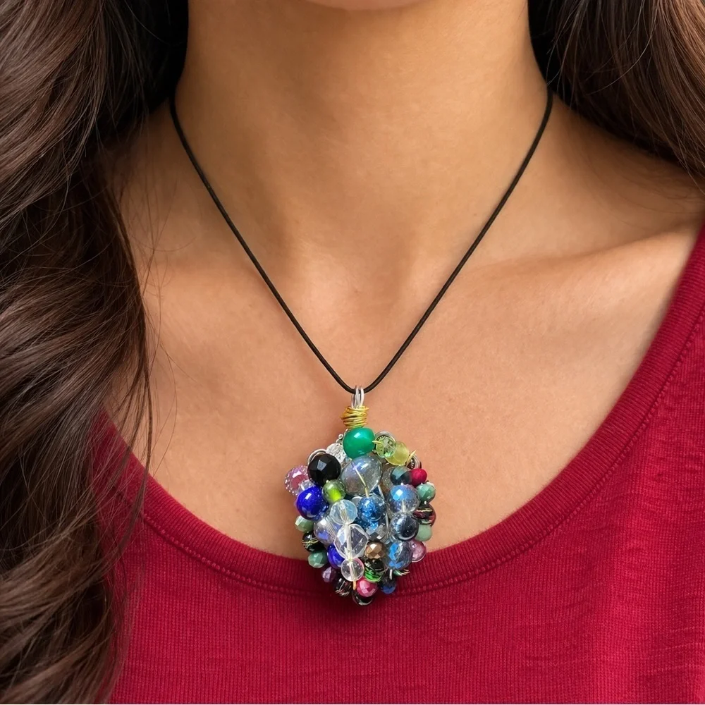 RUBYRUDI OOAK Boho Luxe Crystal Glass Pendant Necklace Cluster Artisan Jewelry